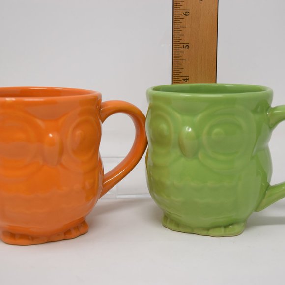 2 Owl Mugs Ceramic Orange Green 12 oz 3D Shaped Retro Boho - Picture 3 of 11
